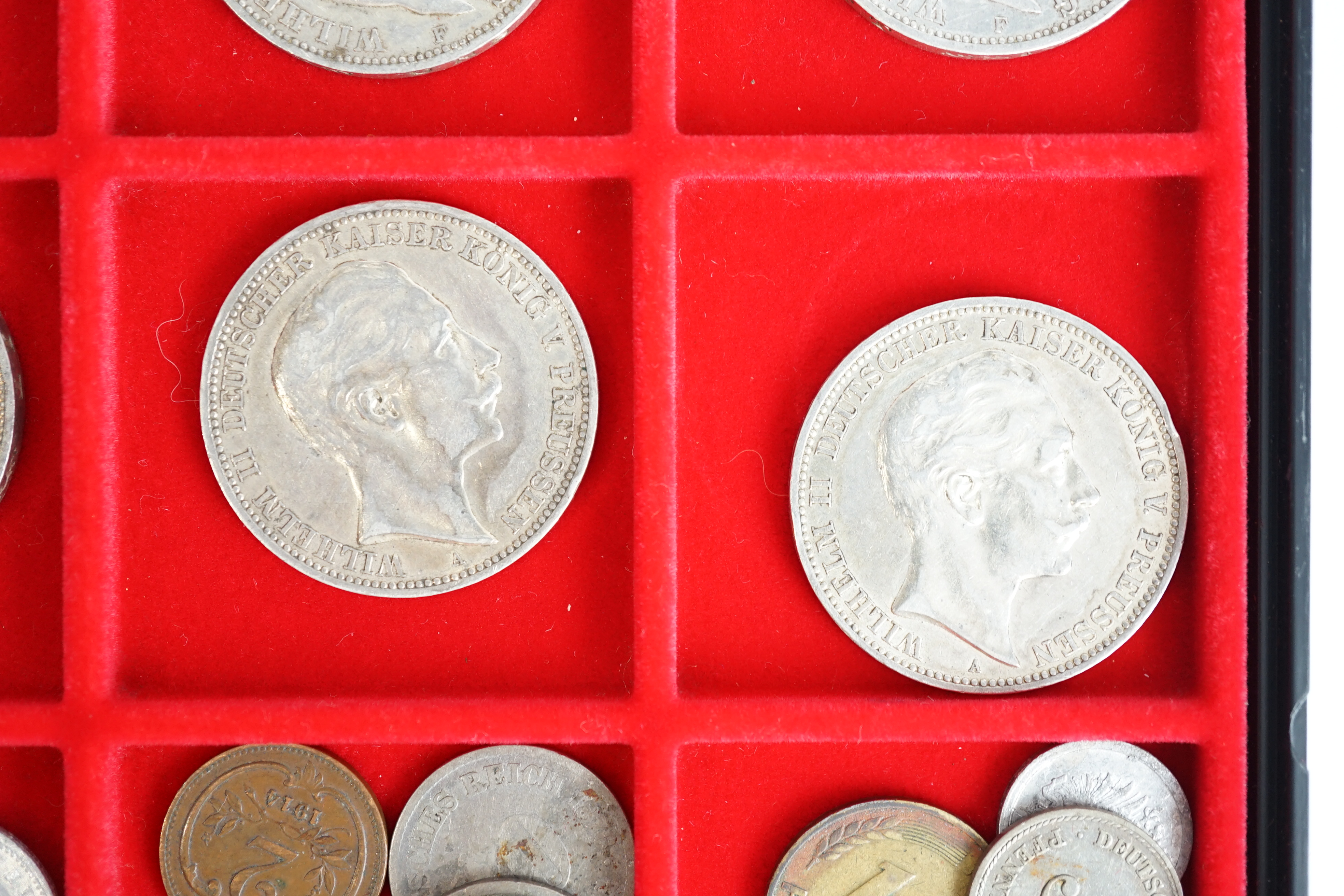 German states, silver coins, including Kingdom of Prussia, 3 mark coins, 1908A, VF, two 1909A, VF, 1910A, VF, Kingdom of Württemberg 3 mark coins, two 1912F, VF, 1914F, good VF, Grand Duchy of Baden, 3 mark, 1914G, VF, f